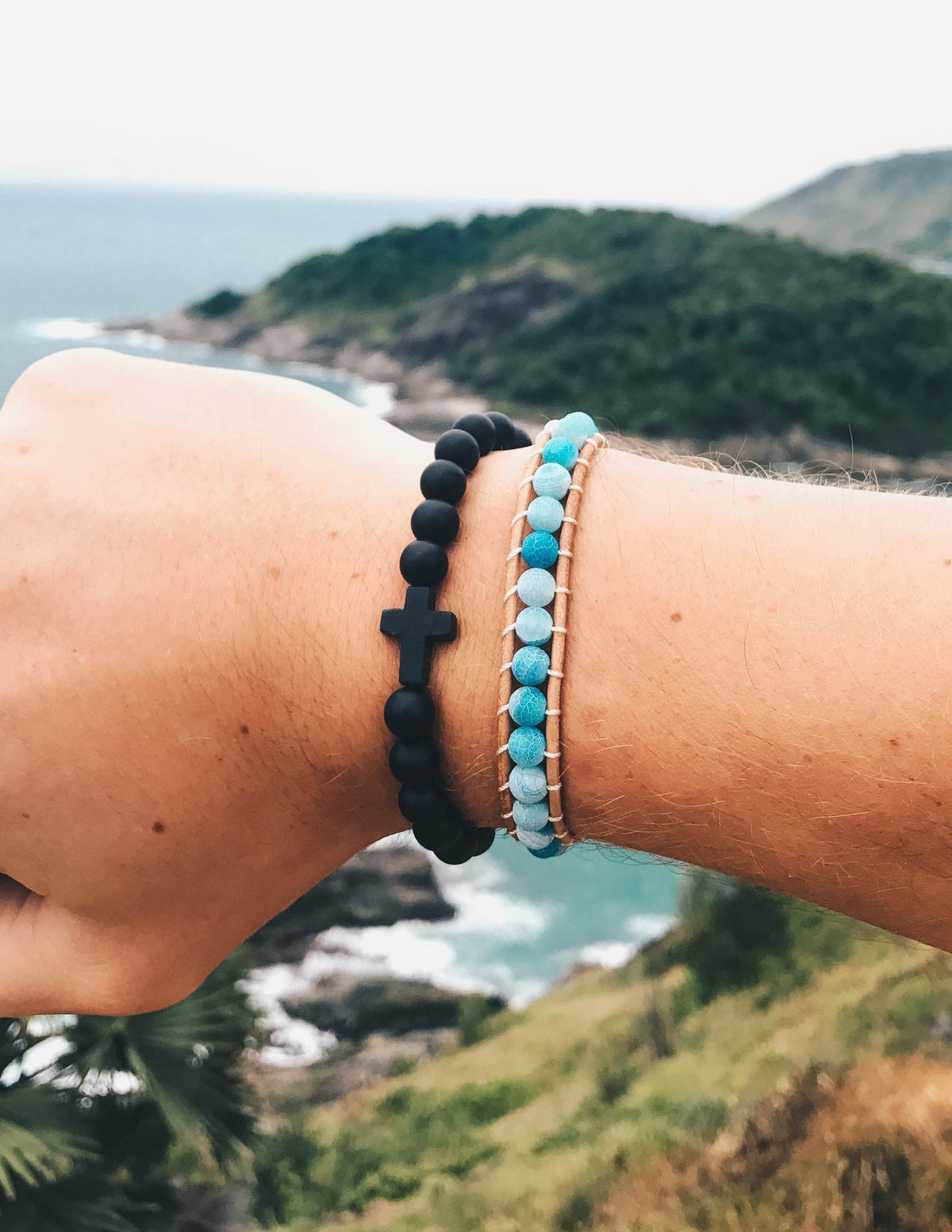 Classic Black Cross - Stone Bead Bracelet