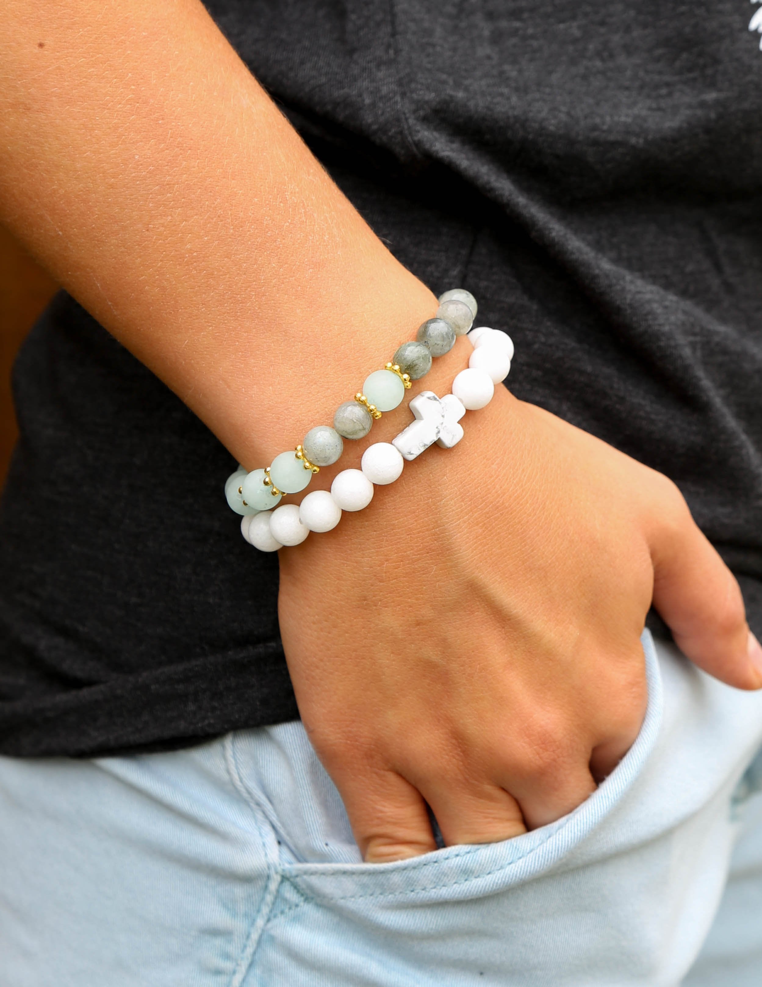 Classic White Cross - Stone Bead Bracelet
