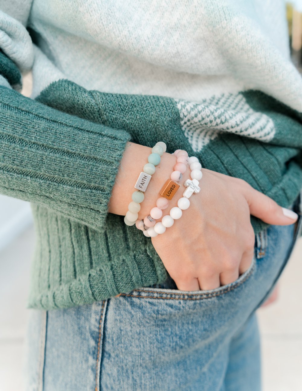 Classic White Cross - Stone Bead Bracelet